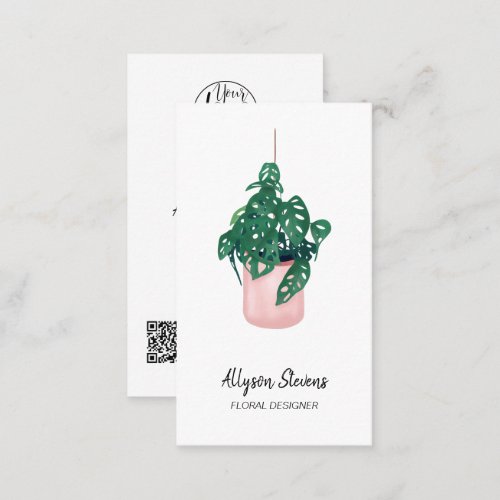 Modern floral designer monstera white logo qr code business card