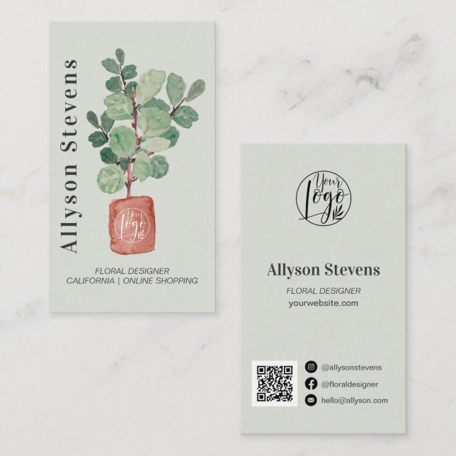 Modern floral designer plant fig logo qr code business card (Front/Back)