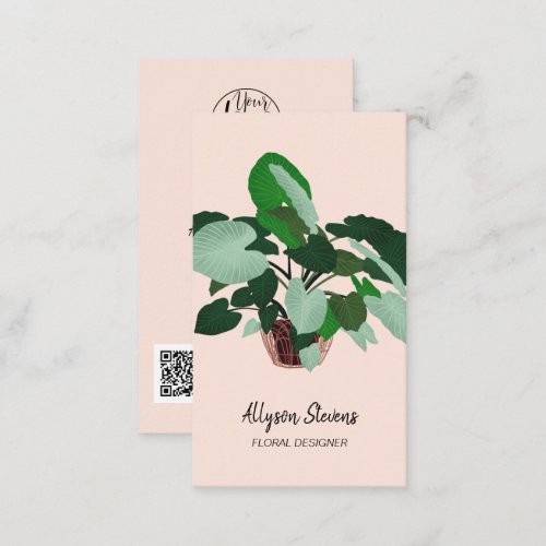 Modern floral designer plant pink logo qr code business card