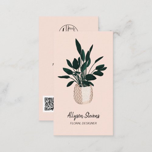 Modern floral designer plant pink logo qr code business card