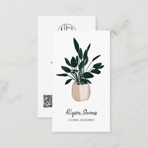 Modern floral designer plant white logo qr code business card