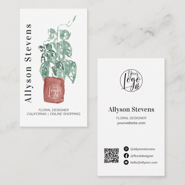 Modern floral designer plant white logo qr code business card (Front/Back)