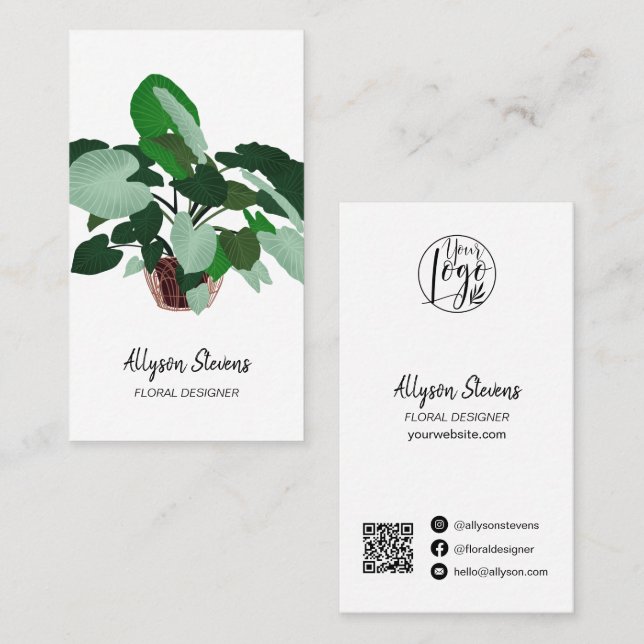 Modern floral designer plant white logo qr code business card (Front/Back)