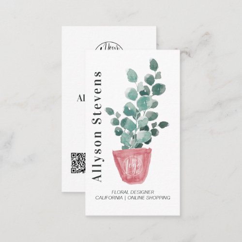 Modern floral designer plant white logo qr code business card