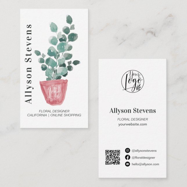 Modern floral designer plant white logo qr code business card (Front/Back)