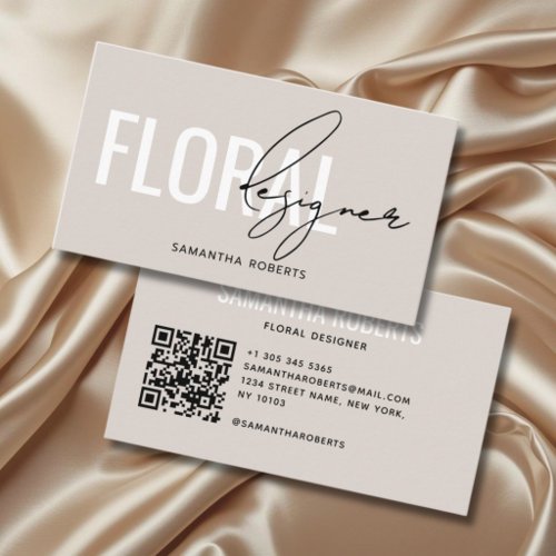 Modern floral designer QR Code beige Business Card