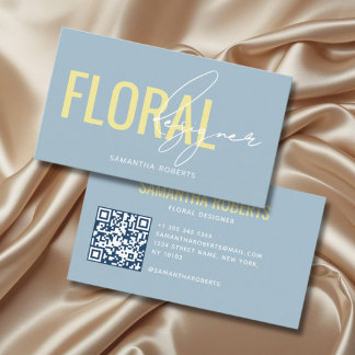 Modern floral designer QR Code blue yellow Business Card