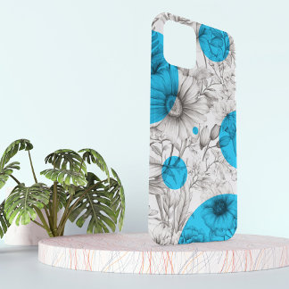 Modern Floral drawing Cyan Blue Retro circles iPhone 15 Case