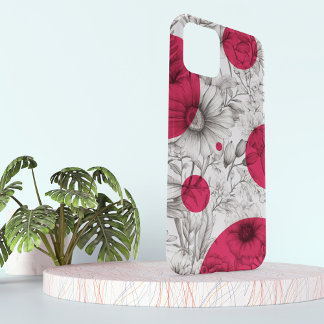 Modern Floral drawing magenta pink Retro circles iPhone 15 Case