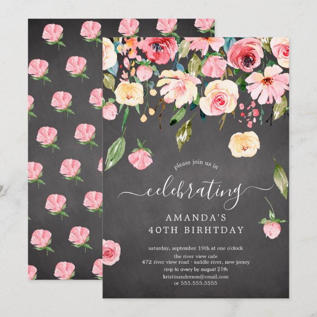 Modern Floral Drop Pink Peonies Birthday Party Invitation (Front/Back)