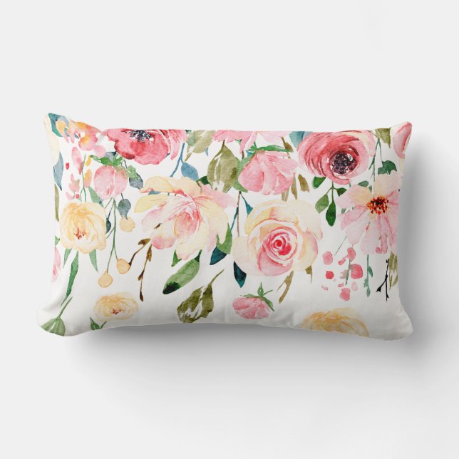Modern Floral Drop Pink Yellow Peonies Lumbar Pillow (Front)