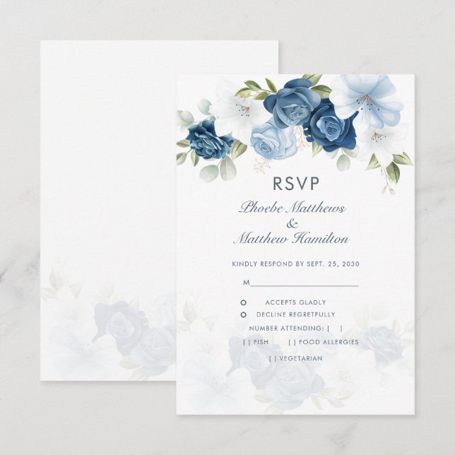 Modern Floral Dusty Blue Botanical RSVP Card (Front/Back)