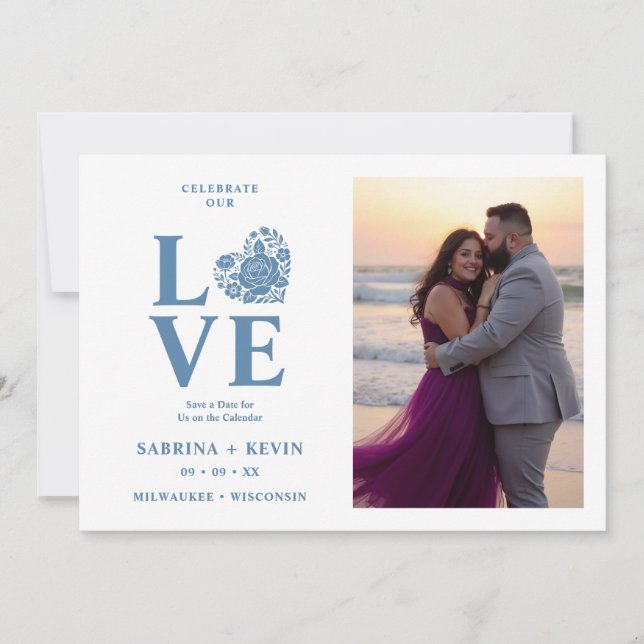 Modern Floral Dusty Blue Heart Photo Wedding TLW26 Save The Date (Front)