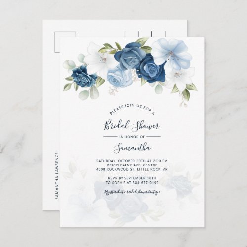 Modern Floral Dusty Blue Script Bridal Shower Invitation Postcard