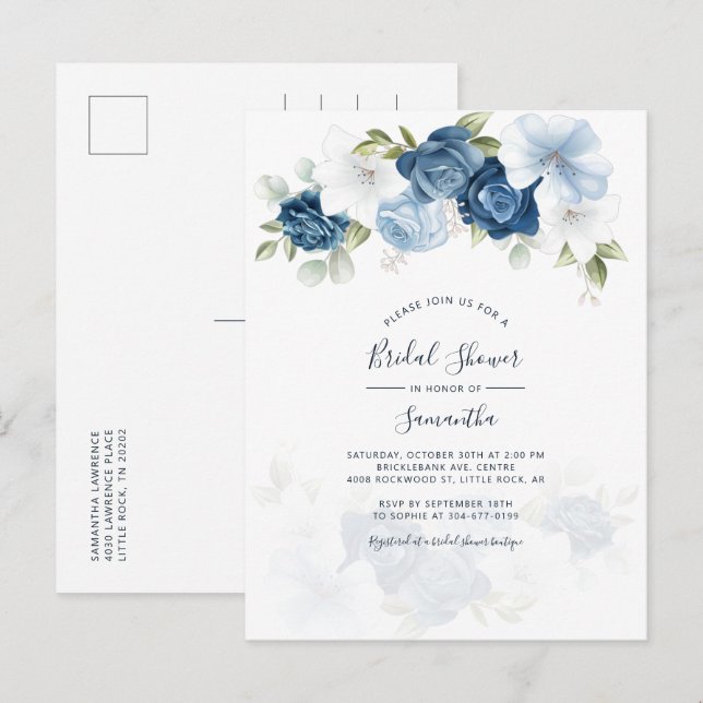 Modern Floral Dusty Blue Script Bridal Shower Invitation Postcard (Front/Back)