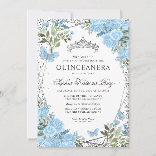 Modern Floral Dusty Blue Silver Tiara Quinceaera Invitation