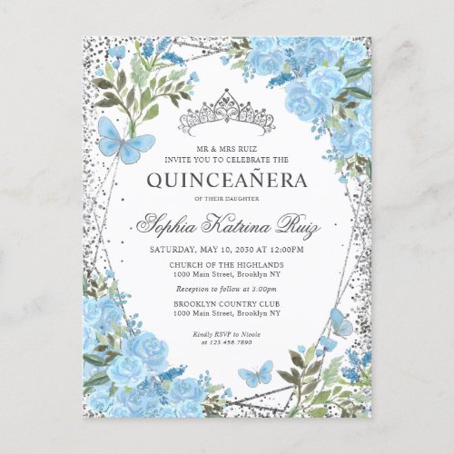 Modern Floral Dusty Blue Silver Tiara Quinceaera Postcard