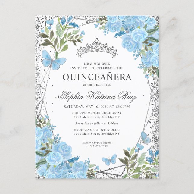 Modern Floral Dusty Blue Silver Tiara Quinceañera Postcard (Front)