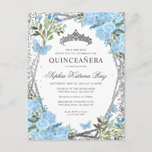 Modern Floral Dusty Blue Silver Tiara Quinceañera Postcard (Front)