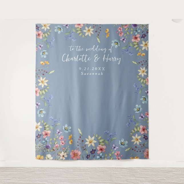 Modern Floral Dusty Blue Wedding Photo  Backdrop (Front)