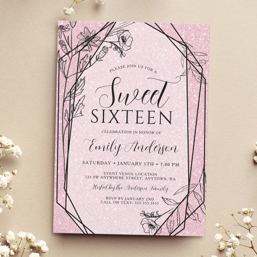 Modern Floral Dusty Pink Glitter Sweet 16 Invitation