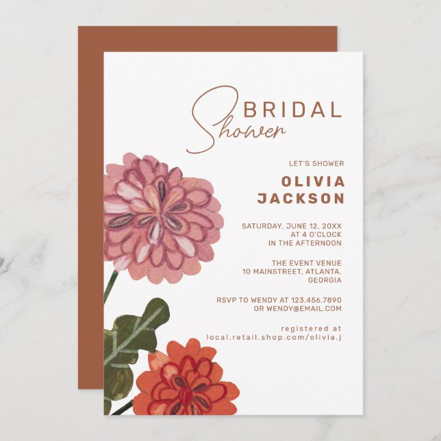 Modern floral earth terracotta bridal shower invitation (Front/Back)