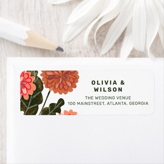 Modern floral earth tone peach green wedding label (Insitu)