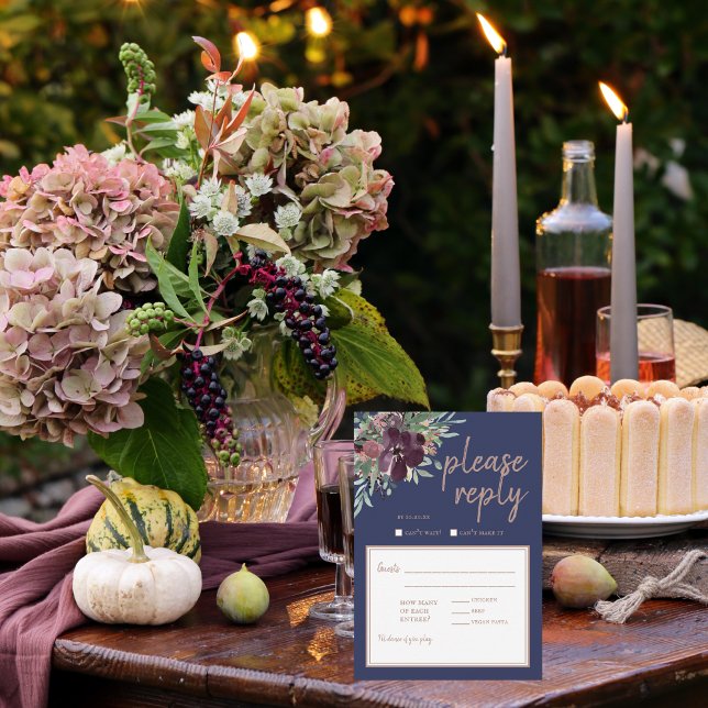 Modern Floral Elegance Navy Rose Gold Wedding RSVP (Creator Uploaded)