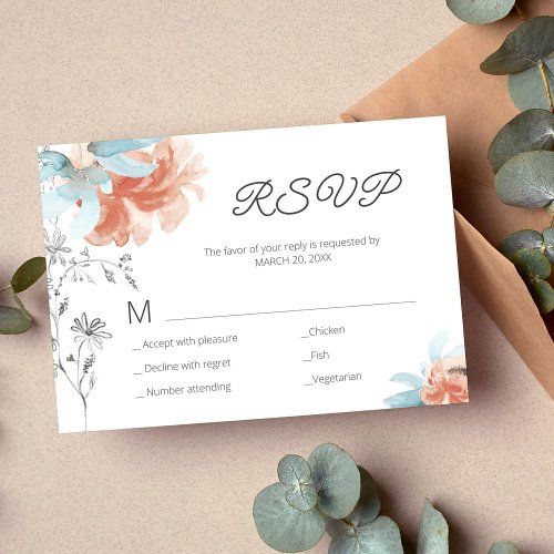Modern floral elegant line drawing wedding RSVP card