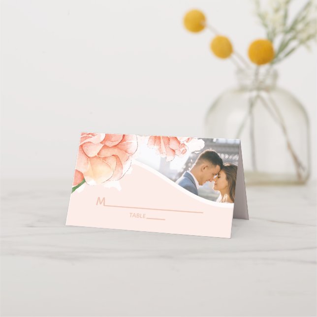 Modern Floral Elegant Wedding Photo Place Card (Front)
