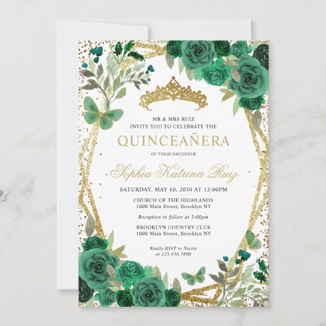 Modern Floral Emerald Green Gold Tiara Quinceañera Invitation (Front)
