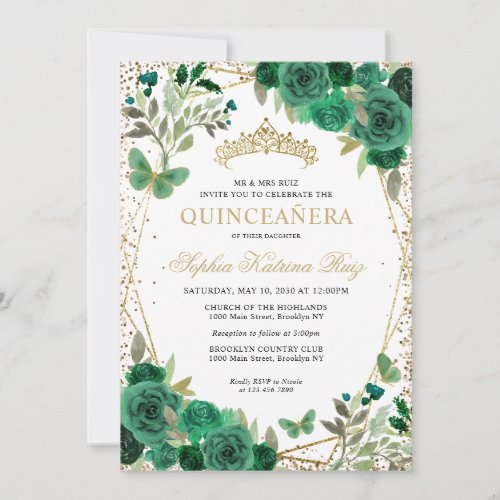 Modern Floral Emerald Green Gold Tiara Quinceaera Invitation