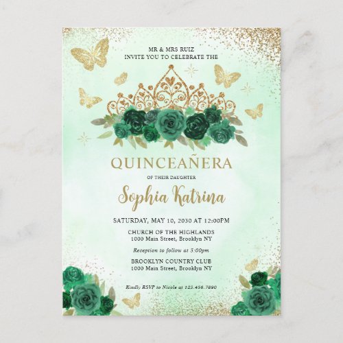 Modern Floral Emerald Green Gold Tiara Quinceaera Postcard