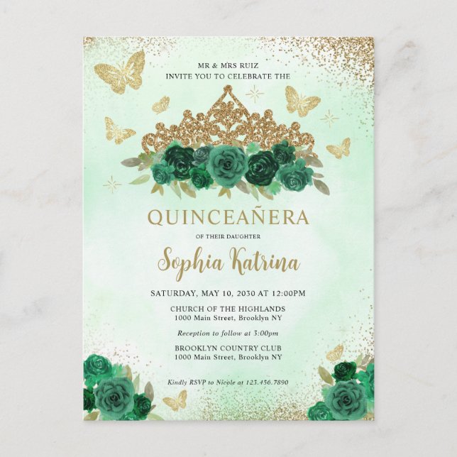 Modern Floral Emerald Green Gold Tiara Quinceañera Postcard (Front)