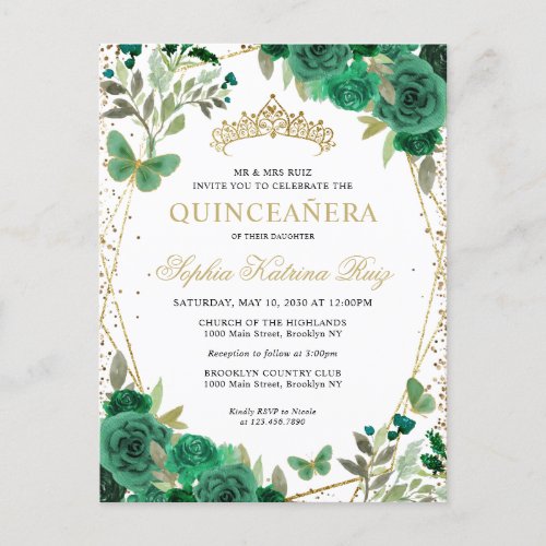 Modern Floral Emerald Green Gold Tiara Quinceaera Postcard