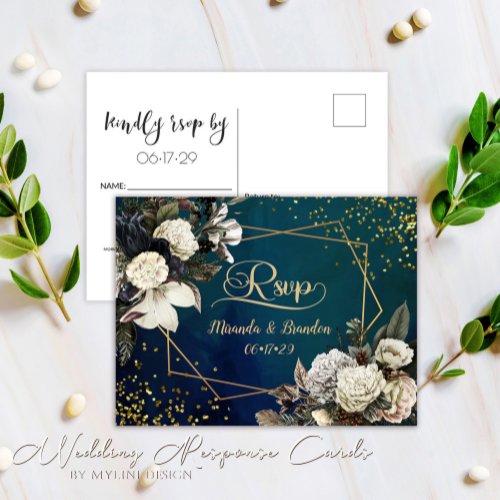 Modern Floral Emerald Green Gold Wedding RSVP Card