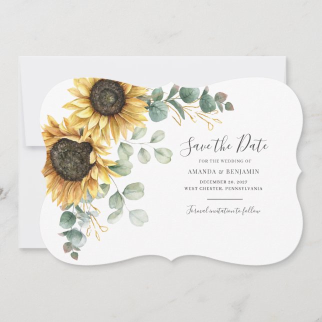 Modern Floral Eucalyptus Sunflower Save The Date (Front)