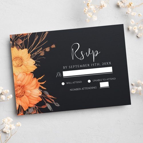 Modern Floral Fall Black Wedding RSVP Card