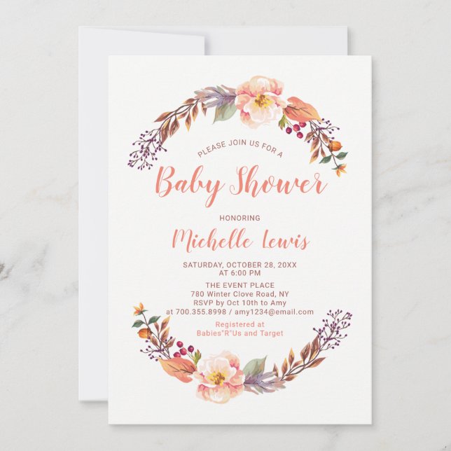 Modern Floral Fall Girl Baby Shower Invitation (Front)