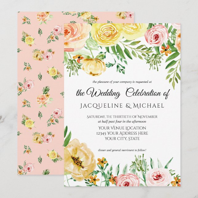Modern Floral Fall w Blush Yellow Peach Rose Leaf Invitation (Front/Back)