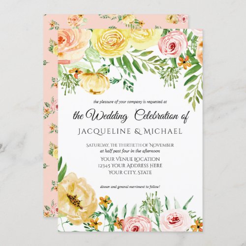 Modern Floral Fall w Blush Yellow Peach Rose Leaf Invitation