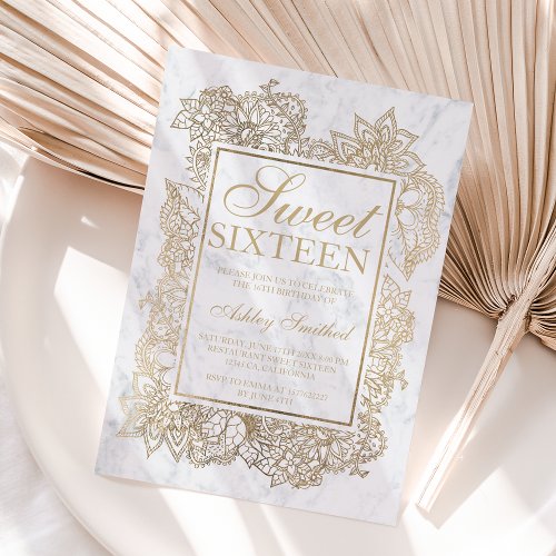 Modern floral faux gold marble chic Sweet 16 Invitation