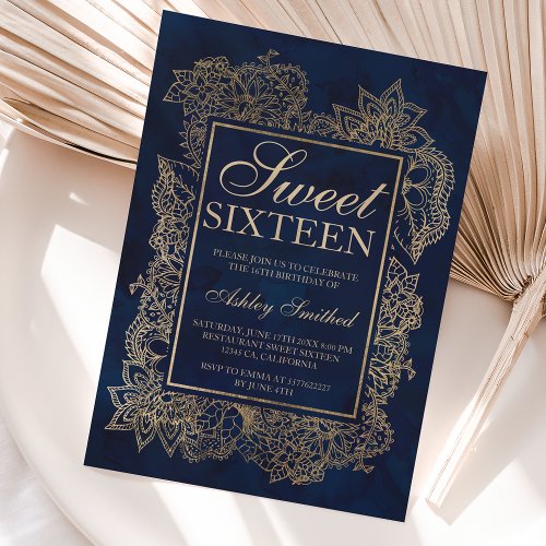 Modern floral faux gold navy watercolor Sweet 16 Invitation