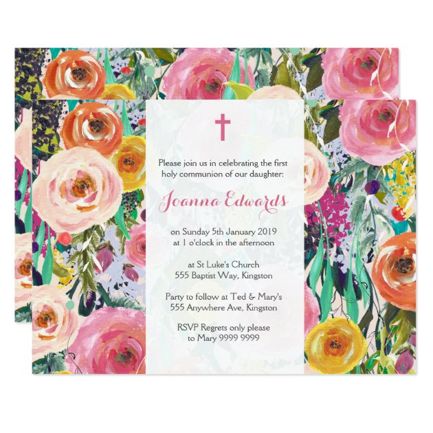 Modern Floral First Communion Personalized Invites