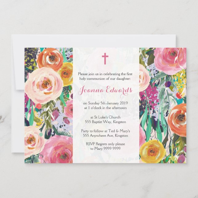 Modern Floral First Communion Personalized Invites (Front)