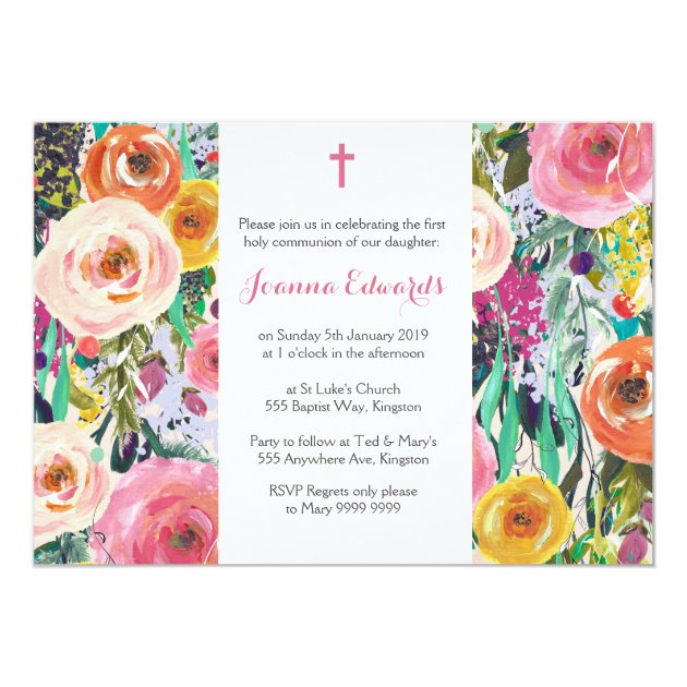 Modern Floral First Communion Personalized Invites