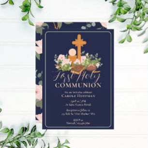 Modern Floral First Holy Communion Religious  Invitation