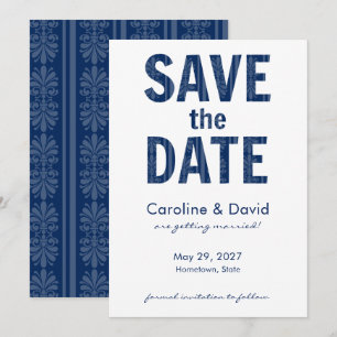 Modern Floral Fleur de Lis Navy Blue Save the Date Invitation