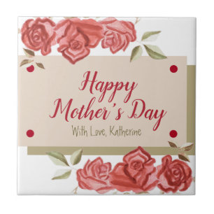 Modern Floral Flower Green Red Roses Mothers Day Ceramic Tile
