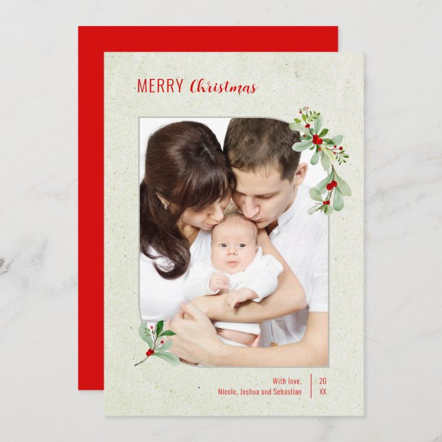 Modern Floral Frame Merry Christmas Card (Front/Back)
